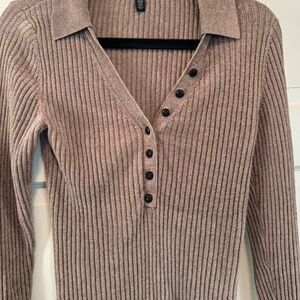 White House Black Market Taupe Chenille Polo Sweater Size Medium